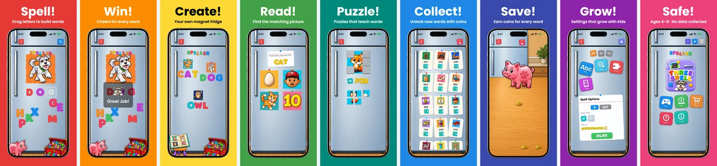 Three Spell screenshots: spell, win, create, read, puzzle, collect, save, grow, safe